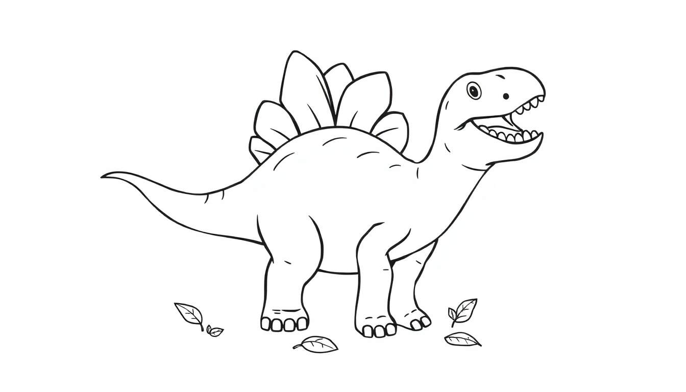 Un dibujo lineal de un estegosaurio con grandes placas en la espalda y la boca abierta, listo para ser coloreado, con hojas alrededor.