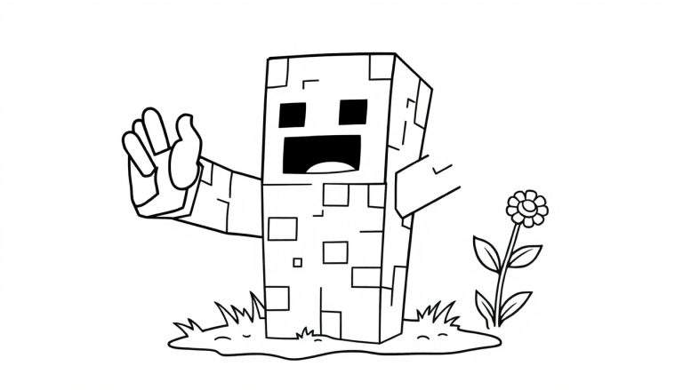 Un golem de Minecraft saludando junto a una flor, listo para colorear en una placa de color.
