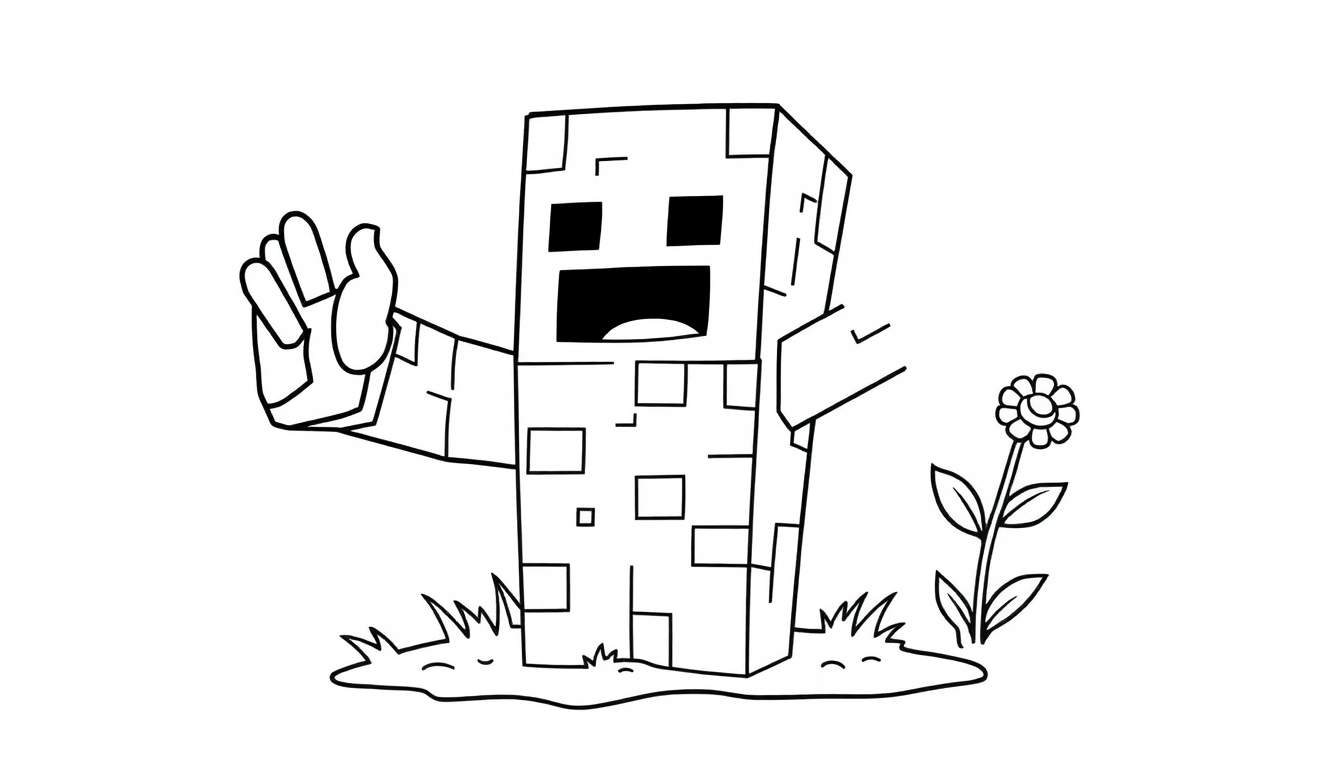 Un golem de Minecraft saludando junto a una flor, listo para colorear en una placa de color.