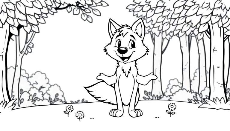 Lobo sonriente con los brazos abiertos en un bosque, listo para colorear en una placa de color.