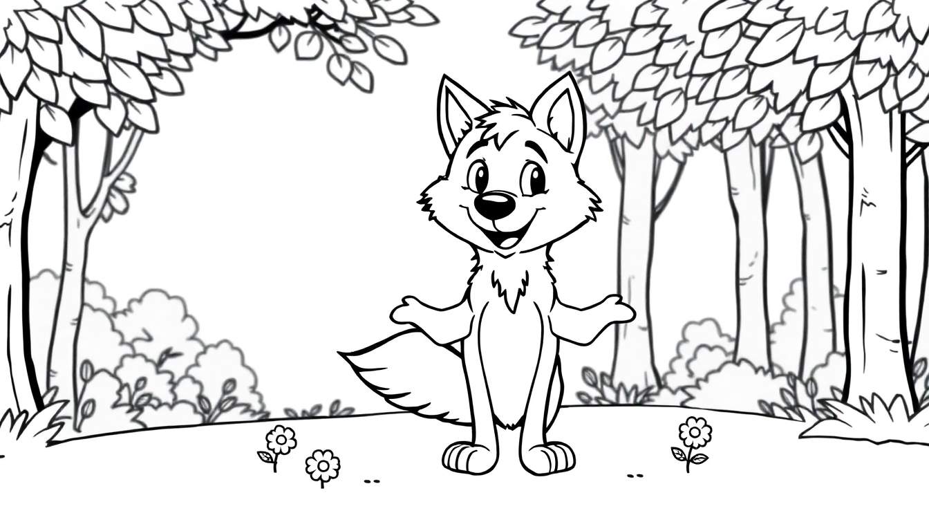 Lobo sonriente con los brazos abiertos en un bosque, listo para colorear en una placa de color.