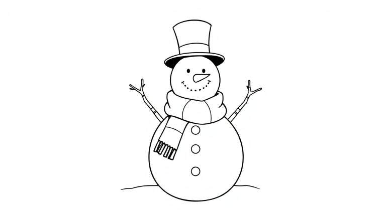 Muñeco de nieve para colorear con sombrero de copa y bufanda, diseño de placa de color.