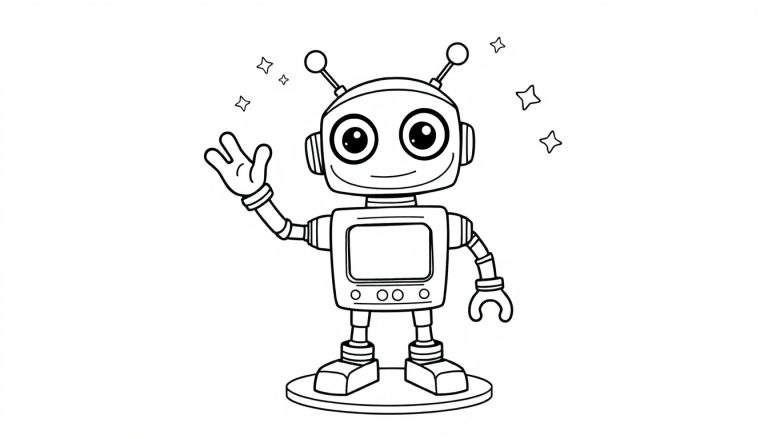Placa de color de un robot amigable saludando.