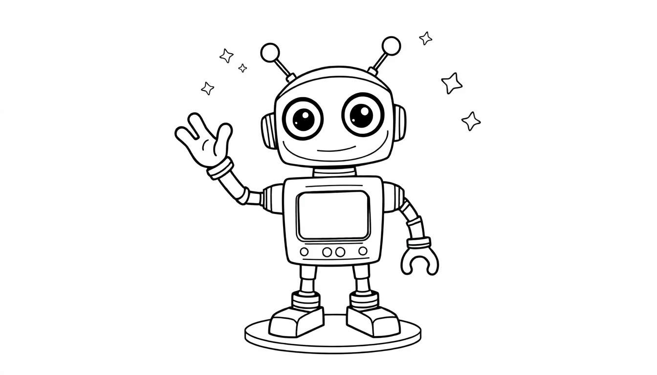 Placa de color de un robot amigable saludando.