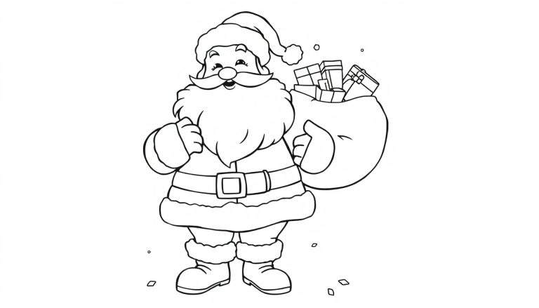 Papá Noel sonriente con su saco de regalos, listo para colorear con la placa de color.