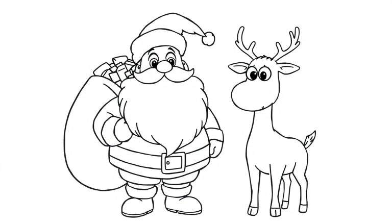 Papá Noel con una bolsa de regalos y un reno, listo para colorear. Placa de color para niños.