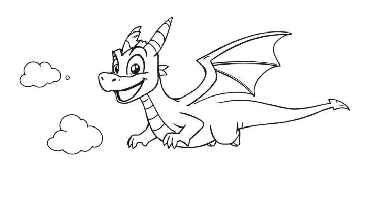 Página para colorear de Spyro el dragón sonriente volando con alas desplegadas.