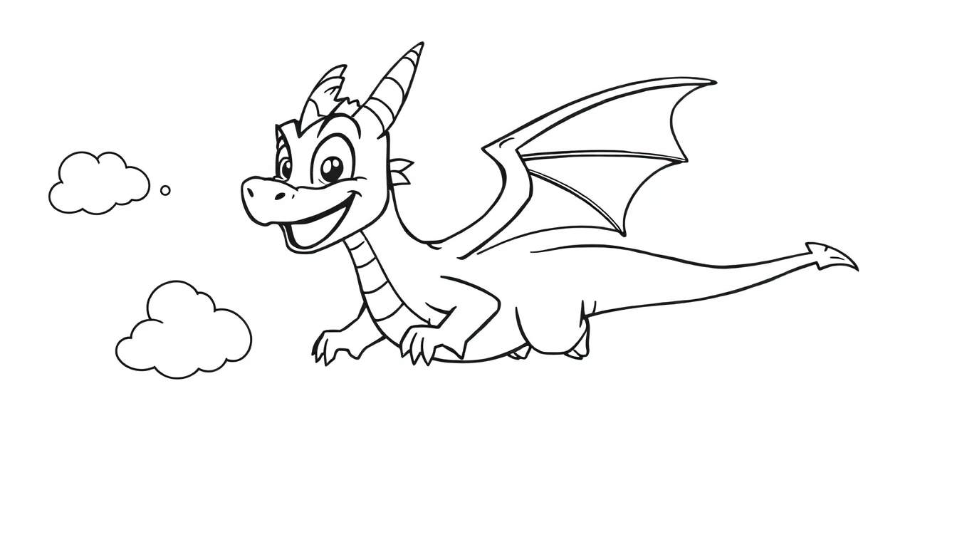 Página para colorear de Spyro el dragón sonriente volando con alas desplegadas.