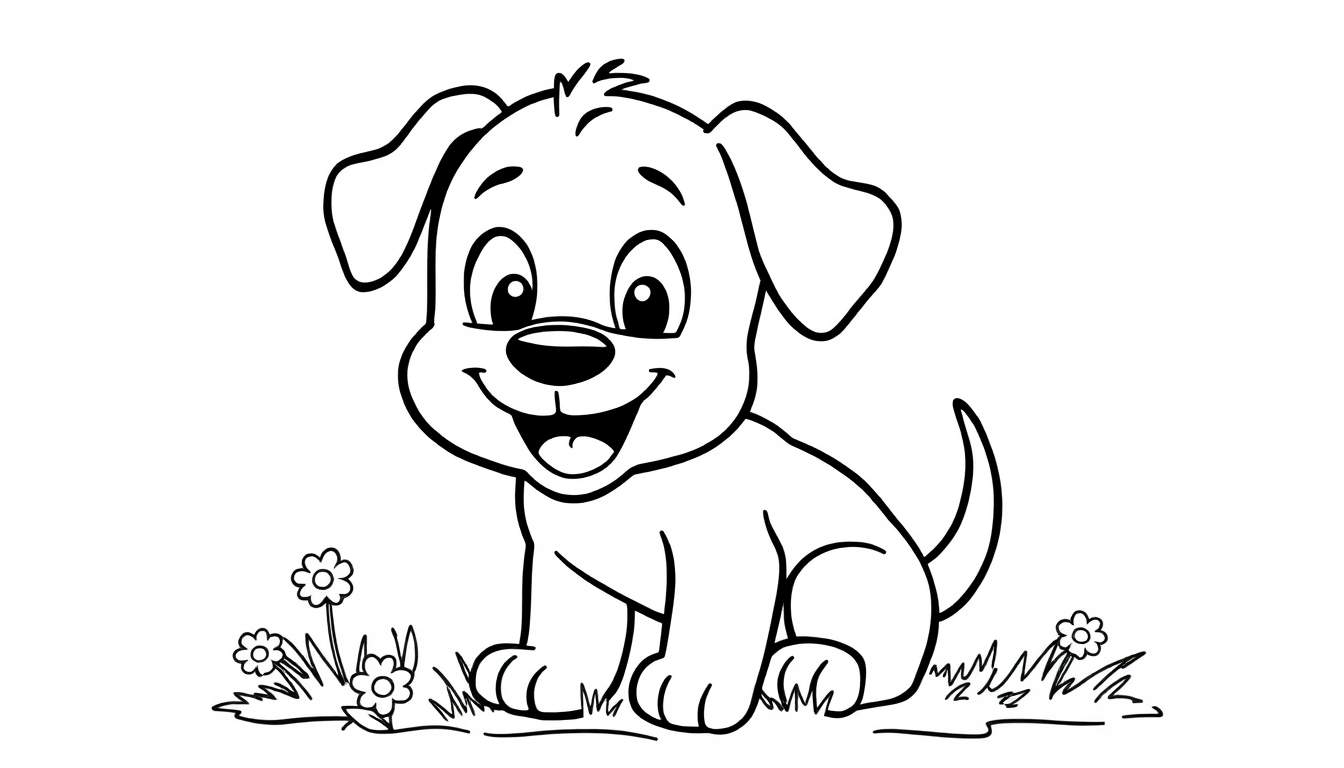Un cachorro dibujado con líneas simples, listo para ser coloreado, sentado entre flores. Placa de color.