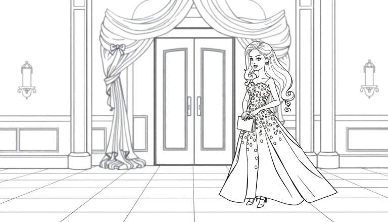 Placa de color de Barbie con vestido elegante en una habitación.