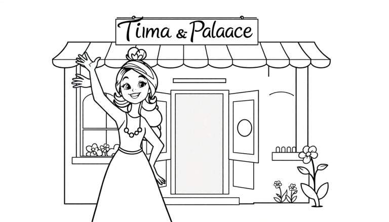 Página para colorear de Tiana saludando frente a su restaurante 'Tima & Palaace', una placa de color.