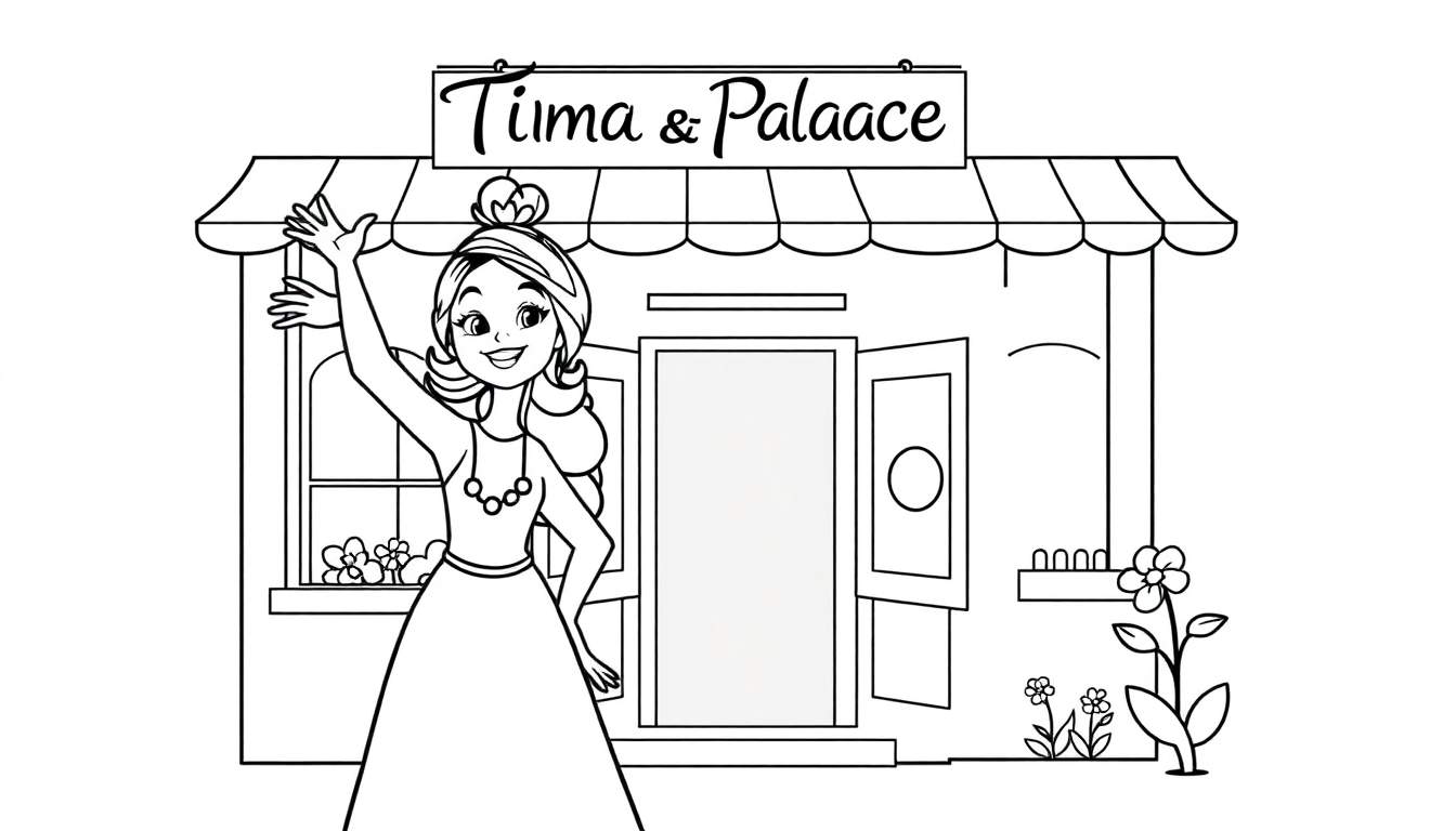 Página para colorear de Tiana saludando frente a su restaurante 'Tima & Palaace', una placa de color.