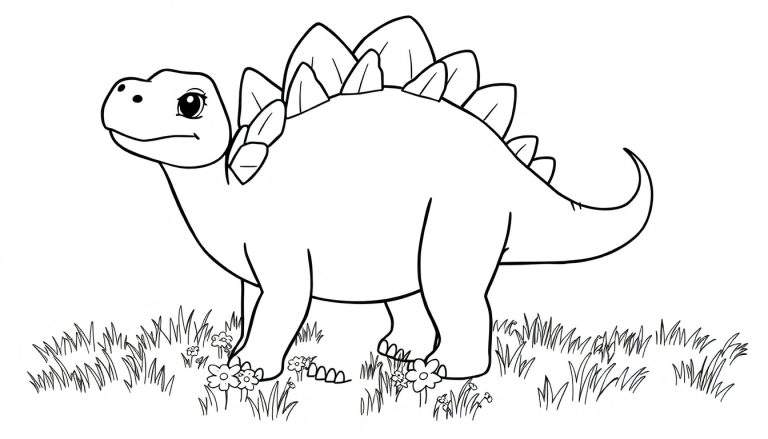 Un dibujo lineal de un estegosaurio amigable con sus placas de color listo para colorear, en un campo con hierba y flores.