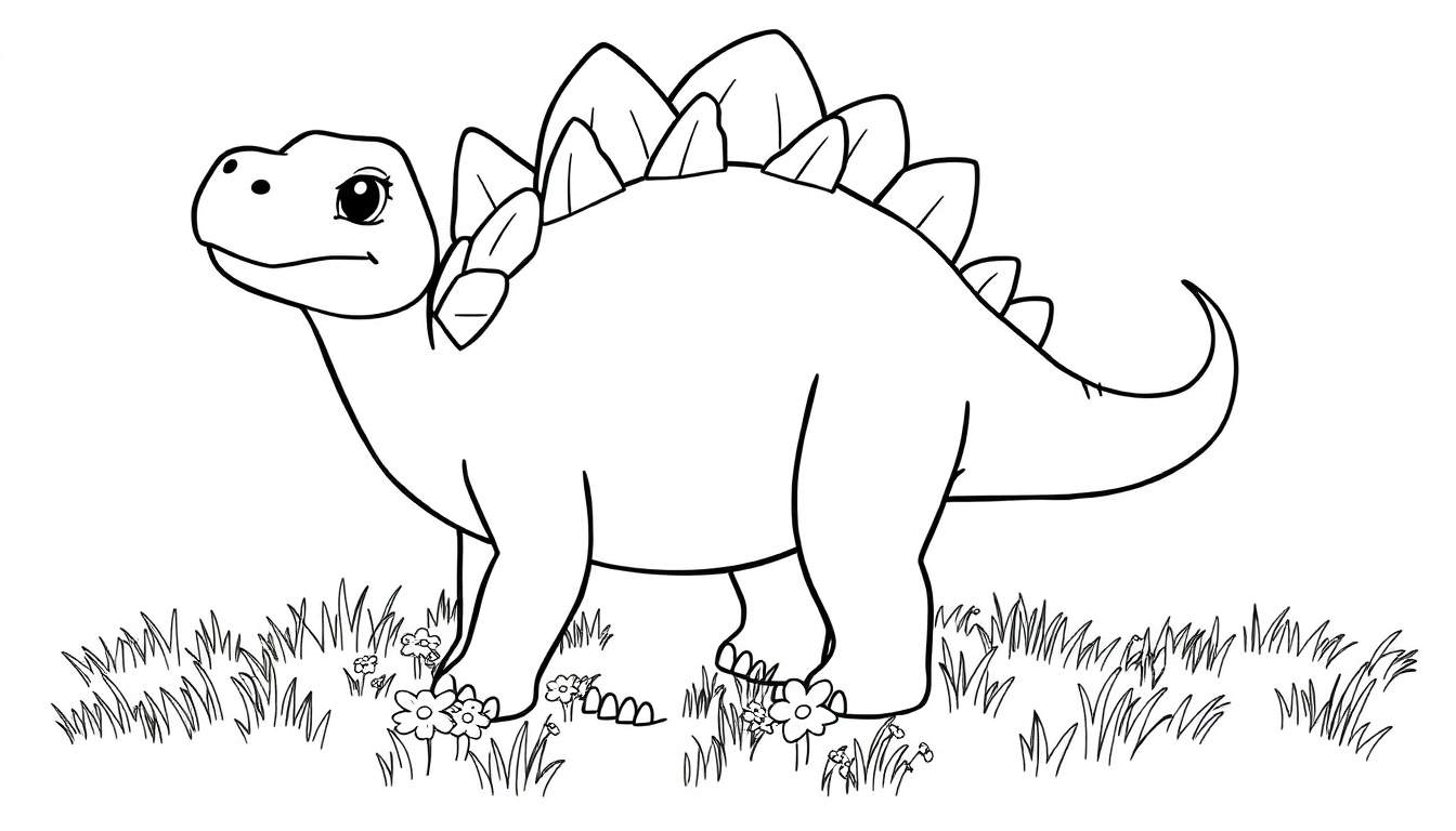 Un dibujo lineal de un estegosaurio amigable con sus placas de color listo para colorear, en un campo con hierba y flores.