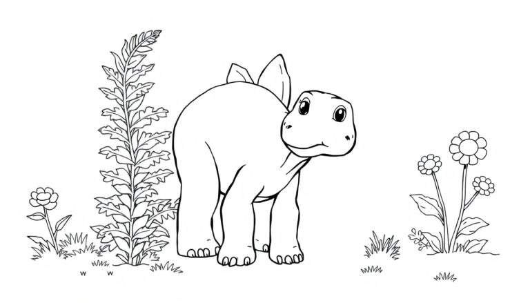 Un simpático dinosaurio con placas para colorear rodeado de flores y plantas.