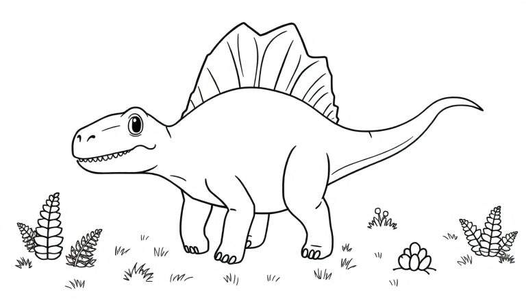 Un dibujo de un espinosaurio amigable con su gran placa de color dorsal.