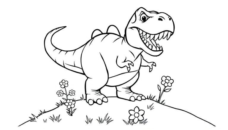 Un dinosaurio de dibujos animados de color verde con dientes afilados y grandes ojos, de pie en una colina cubierta de flores y hierba. Las líneas son gruesas y sencillas, ideales para colorear.