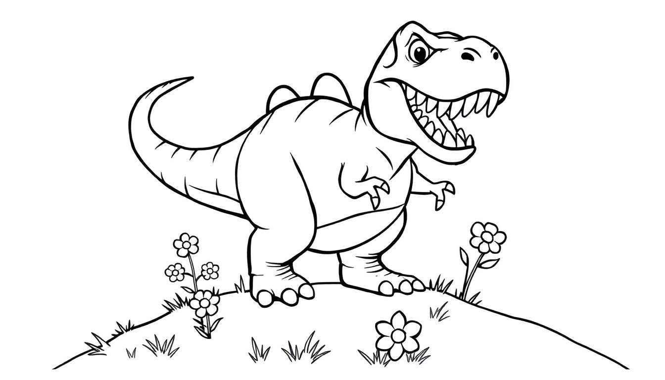 Un dinosaurio de dibujos animados de color verde con dientes afilados y grandes ojos, de pie en una colina cubierta de flores y hierba. Las líneas son gruesas y sencillas, ideales para colorear.