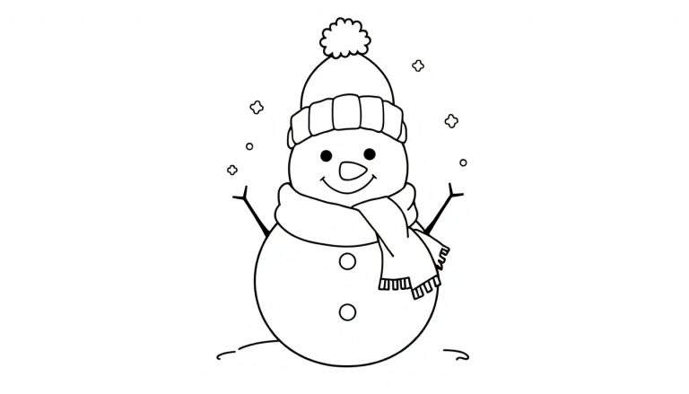 Un muñeco de nieve de placa de color con un gorro y una bufanda, rodeado de copos de nieve.