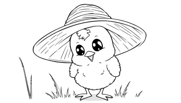 Pollito con sombrero de paja, página para colorear de placa de color.