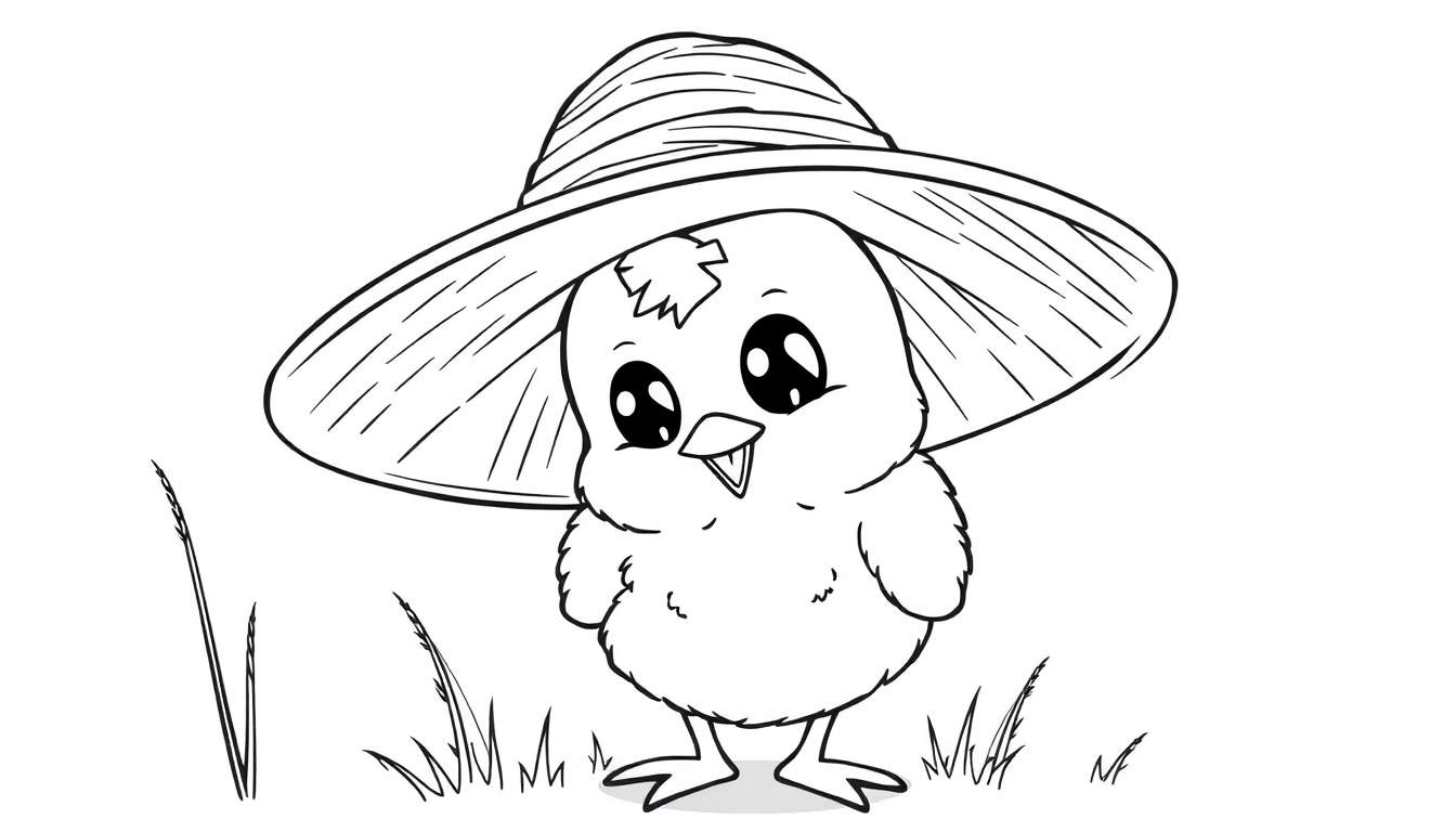 Pollito con sombrero de paja, página para colorear de placa de color.