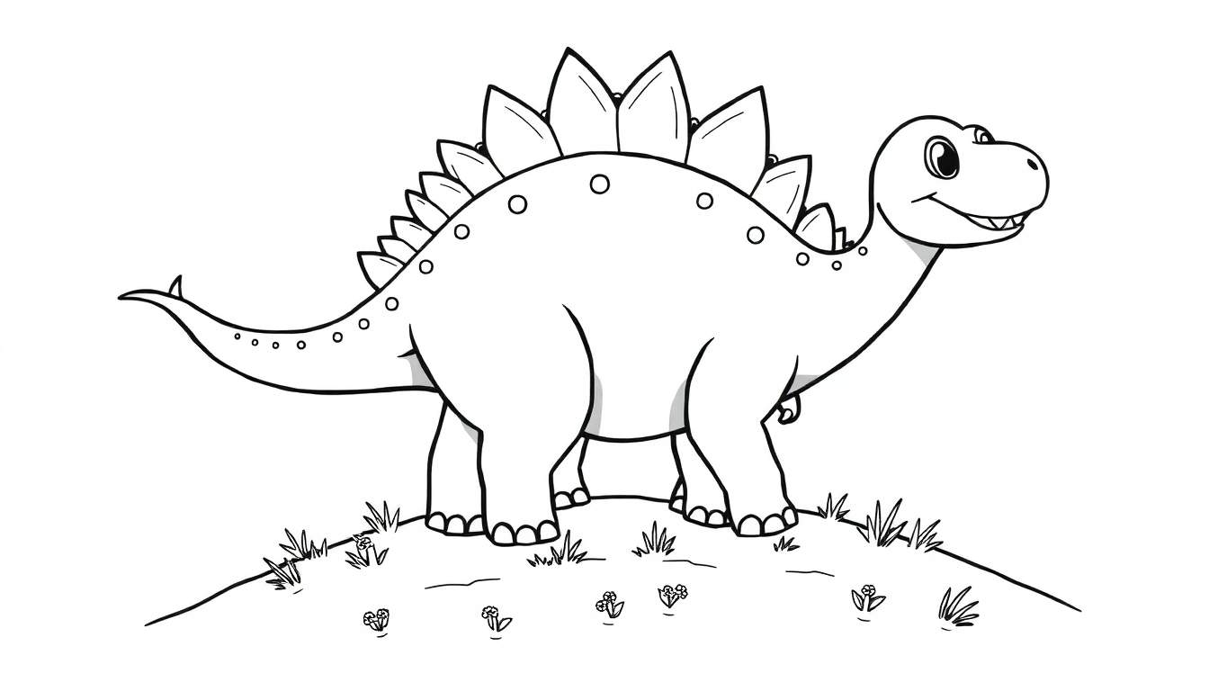 Un Estegosaurio amigable con una gran placa de color en su espalda, sonriendo.