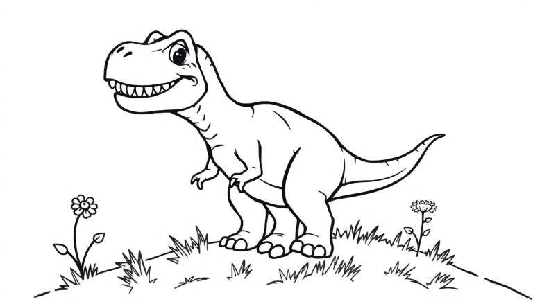Un dibujo de un T-Rex amigable listo para ser coloreado, con una placa de color en la imagen.