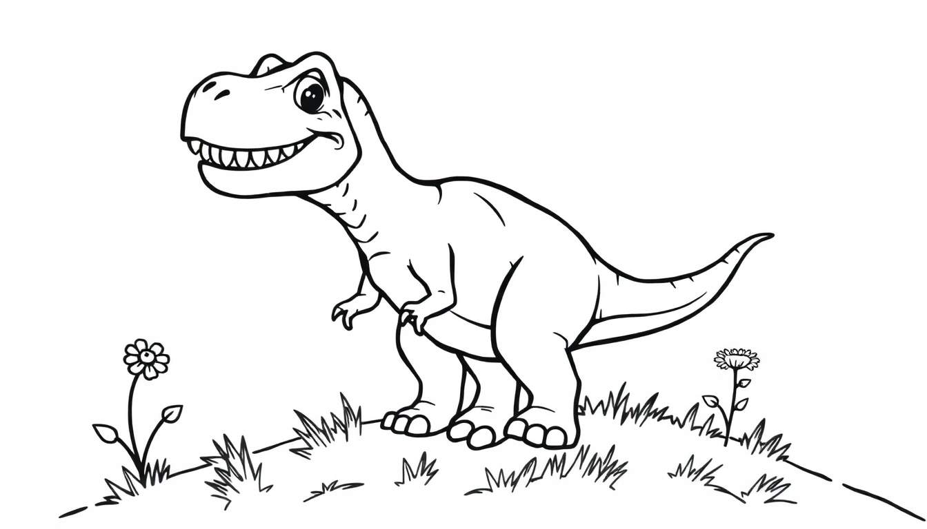 Un dibujo de un T-Rex amigable listo para ser coloreado, con una placa de color en la imagen.