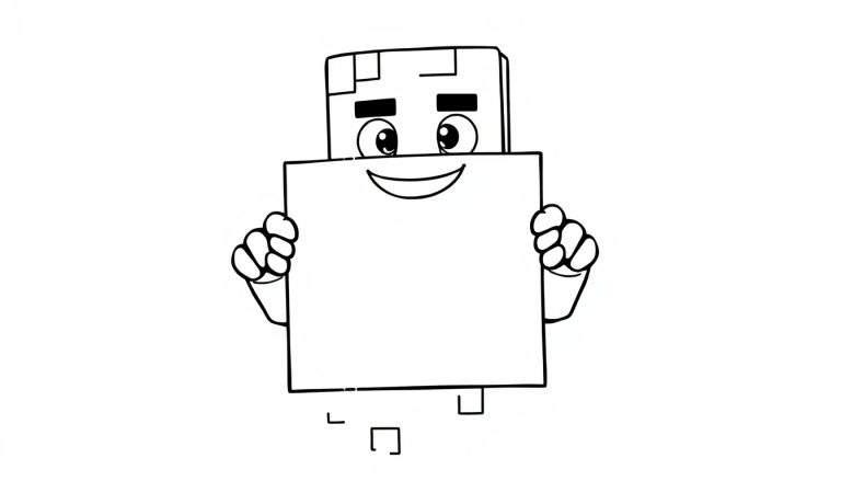 Un Creeper de Minecraft amigable sosteniendo un cartel en blanco para colorear, listo para la placa de color.