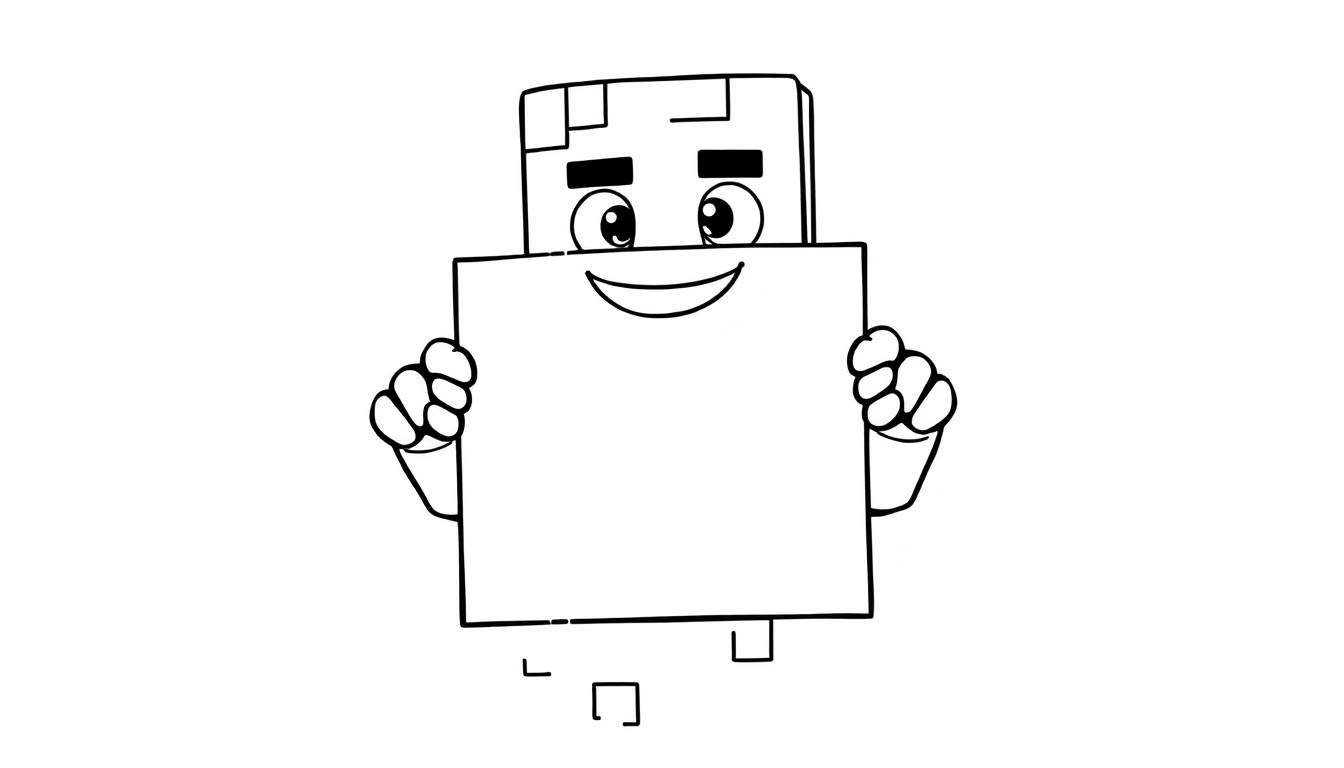 Un Creeper de Minecraft amigable sosteniendo un cartel en blanco para colorear, listo para la placa de color.