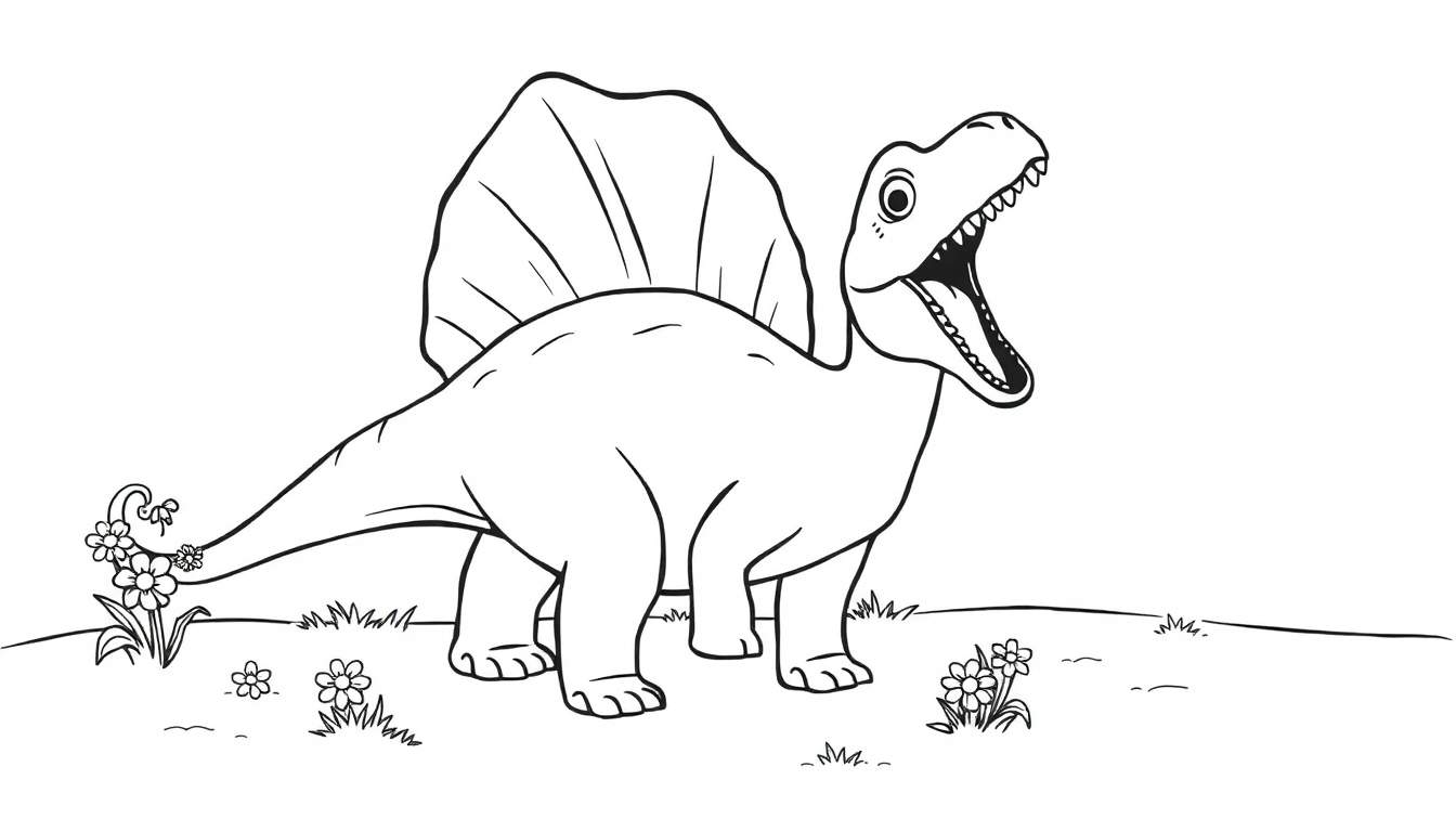 Un dibujo lineal de un Espinosaurio con una gran vela en la espalda, listo para colorear, con una placa de color.