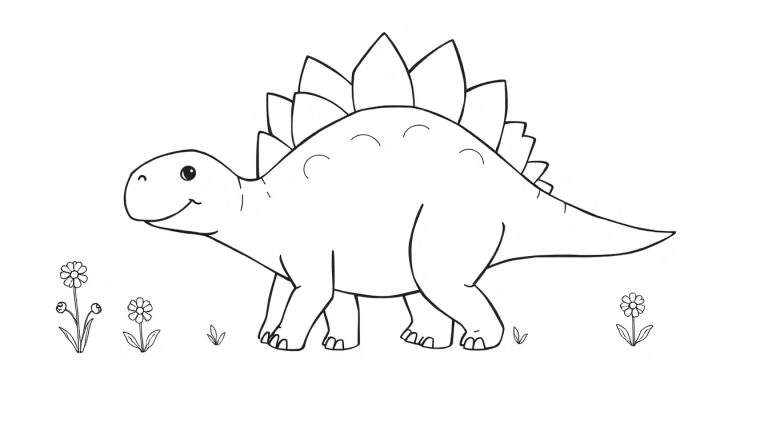 Un dibujo lineal en blanco y negro de un Estegosaurio sonriente con grandes placas de colores en la espalda y espinas en la cola, rodeado de flores.
