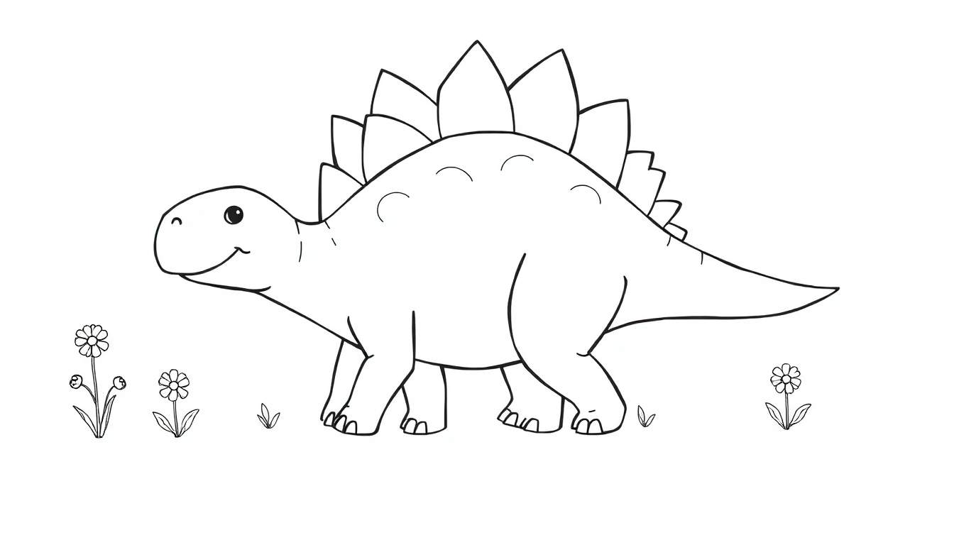 Un dibujo lineal en blanco y negro de un Estegosaurio sonriente con grandes placas de colores en la espalda y espinas en la cola, rodeado de flores.