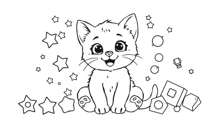 Placa de color de un gatito dibujado a mano con estrellas y bloques de juguete.