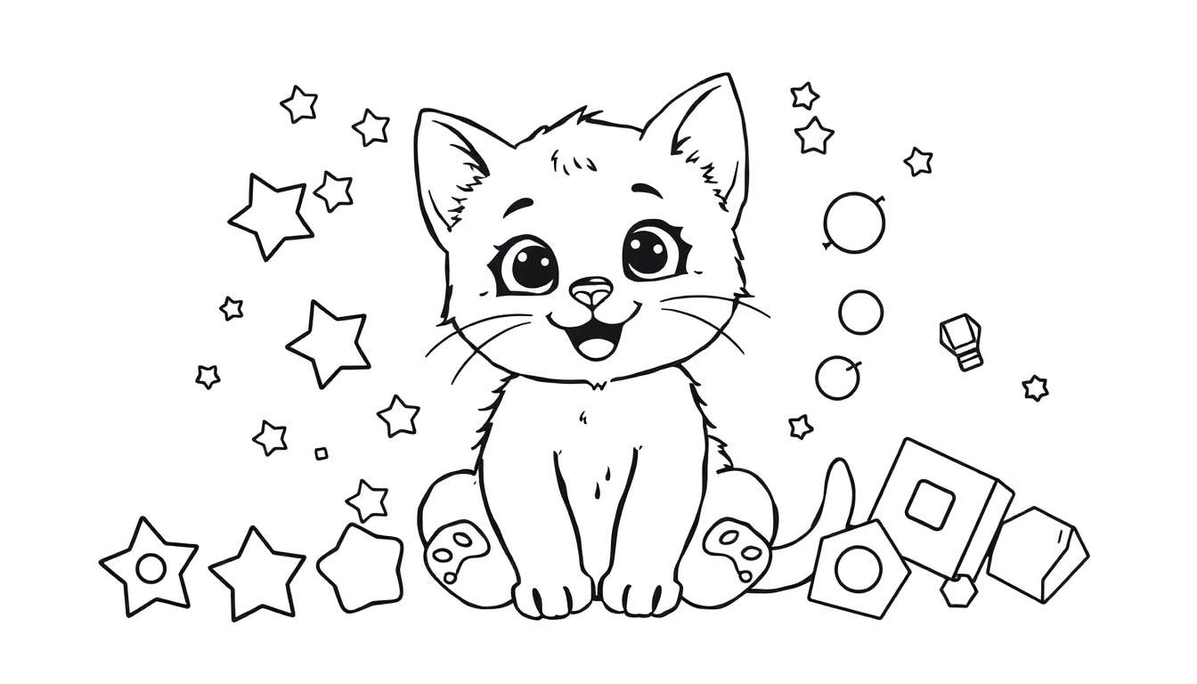 Placa de color de un gatito dibujado a mano con estrellas y bloques de juguete.