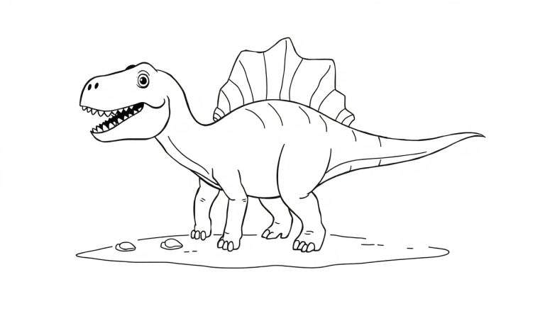 Un dibujo lineal de un Spinosaurus sonriente con una gran vela dorsal, listo para colorear en una placa de color.