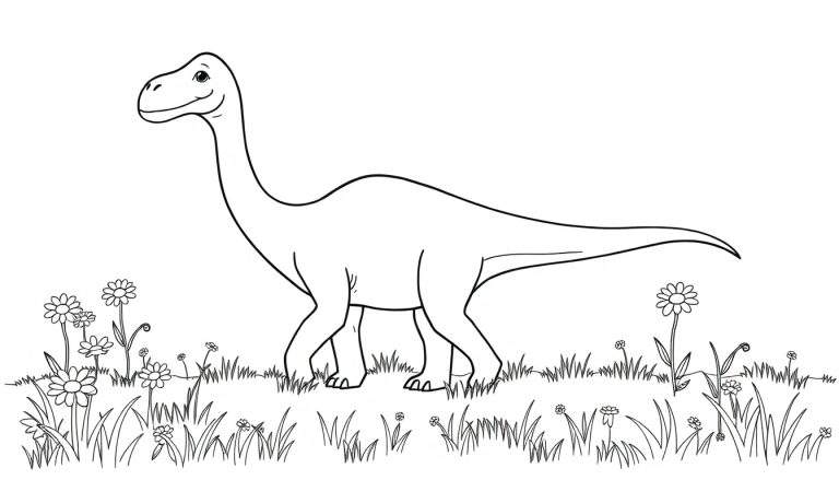 Un dinosaurio Diplodocus de cuello largo sonriendo en un prado, listo para ser coloreado en su placa de color.