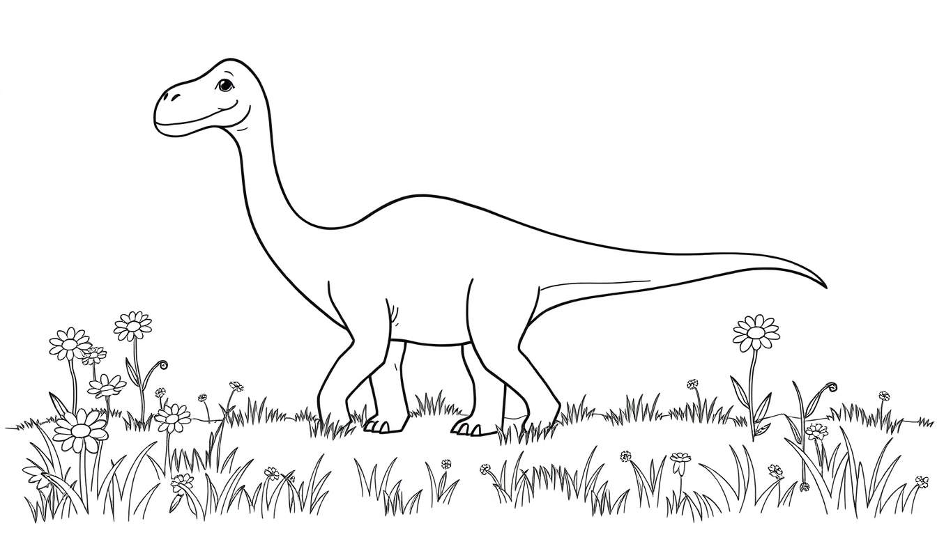 Un dinosaurio Diplodocus de cuello largo sonriendo en un prado, listo para ser coloreado en su placa de color.