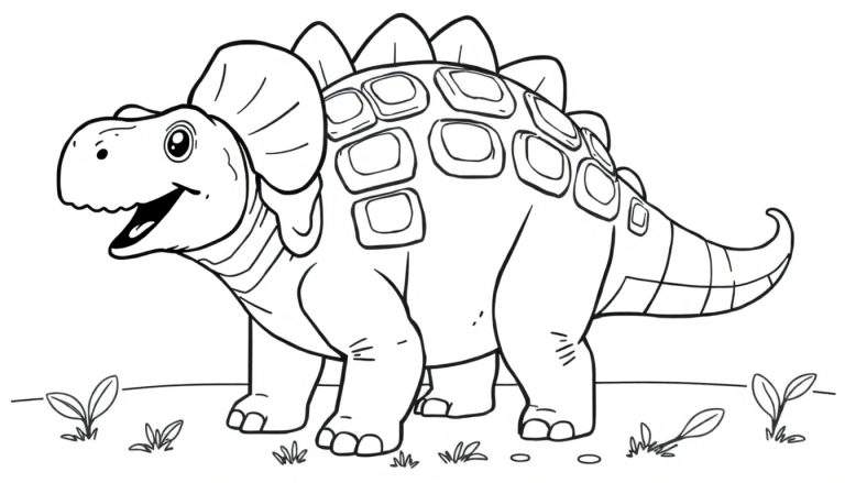 Un dibujo lineal de un Stegosaurio sonriente listo para ser coloreado, con grandes placas en forma de diamante en su espalda y plantas bajas alrededor.
