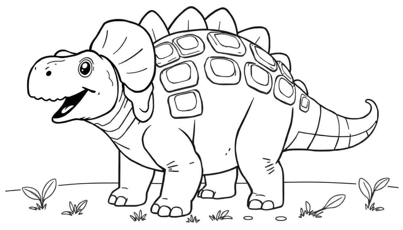 Un dibujo lineal de un Stegosaurio sonriente listo para ser coloreado, con grandes placas en forma de diamante en su espalda y plantas bajas alrededor.