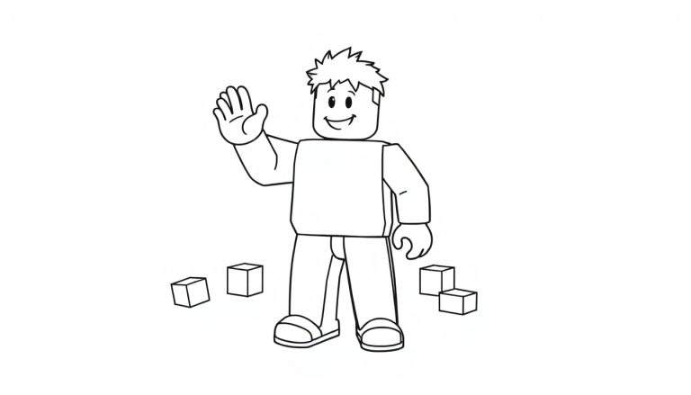 Un personaje de Roblox en blanco y negro saludando, rodeado de bloques para colorear en la placa de color.
