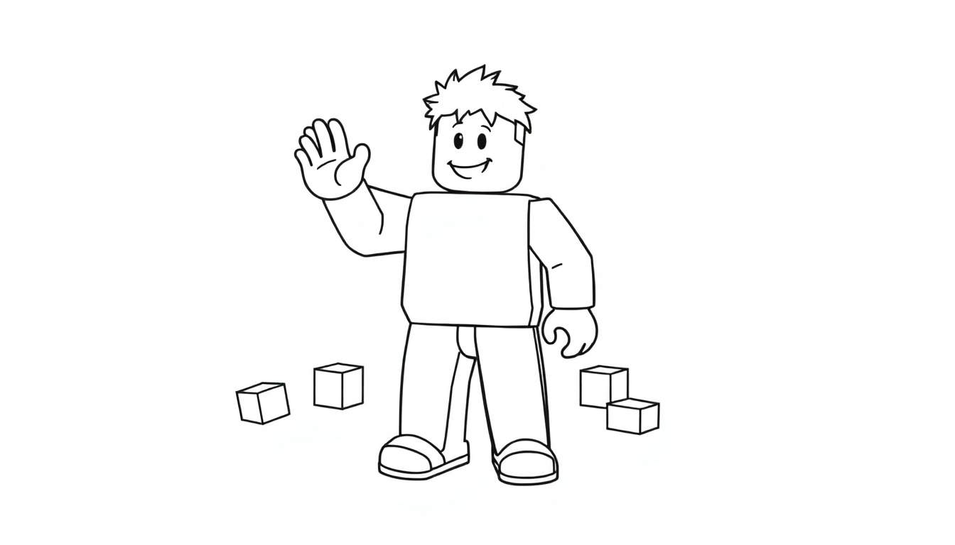 Un personaje de Roblox en blanco y negro saludando, rodeado de bloques para colorear en la placa de color.