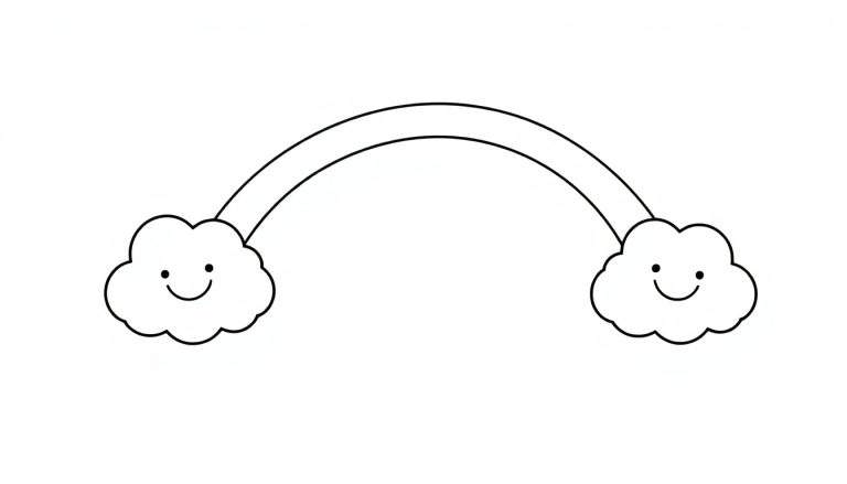 Una página para colorear de un arcoíris amigable con nubes sonrientes. Placa de color.