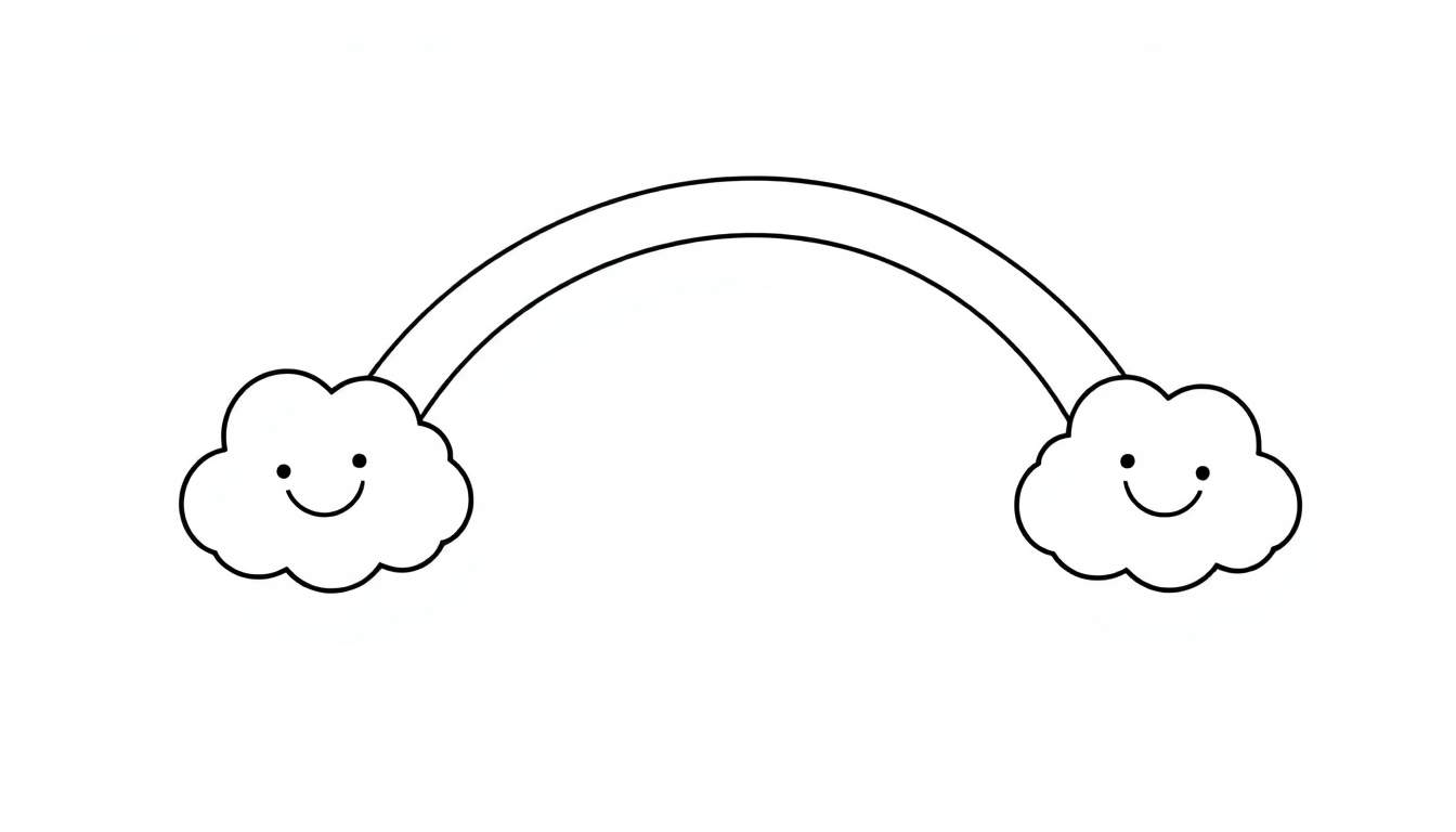 Una página para colorear de un arcoíris amigable con nubes sonrientes. Placa de color.
