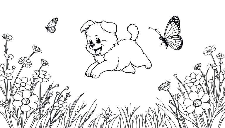 Un cachorro juguetón persiguiendo una mariposa en un campo de flores, listo para ser coloreado en una placa.