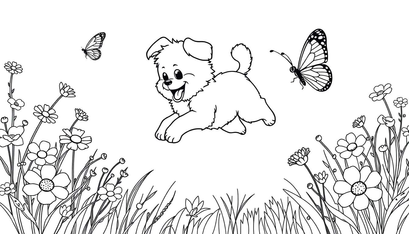 Un cachorro juguetón persiguiendo una mariposa en un campo de flores, listo para ser coloreado en una placa.