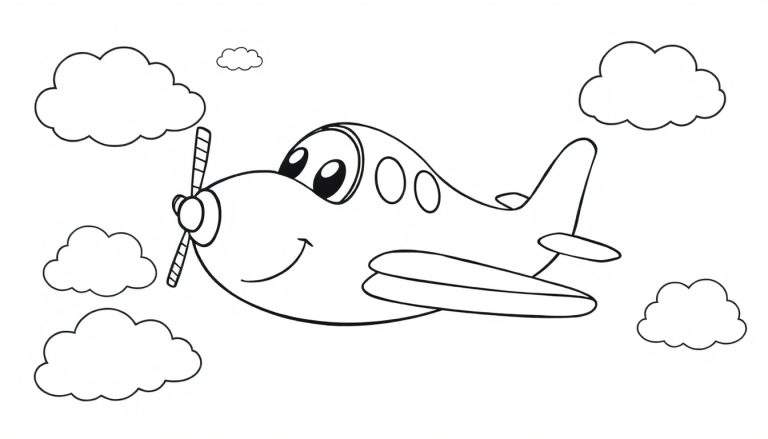 Avión de caricatura amigable listo para colorear en una placa de color, con nubes alrededor.