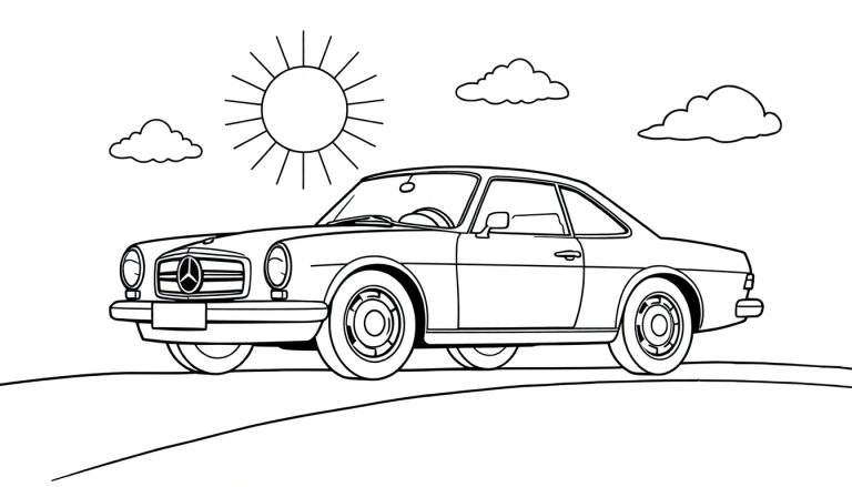 Un coche clásico Mercedes-Benz para colorear con la placa de color en un paisaje soleado.