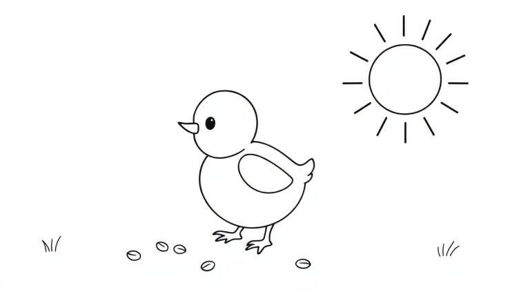 Placa de color para colorear con un pollito y un sol.