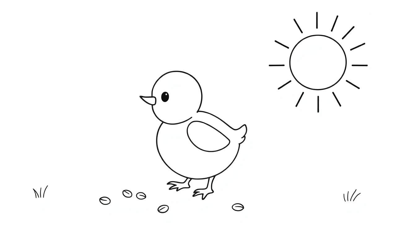 Placa de color para colorear con un pollito y un sol.